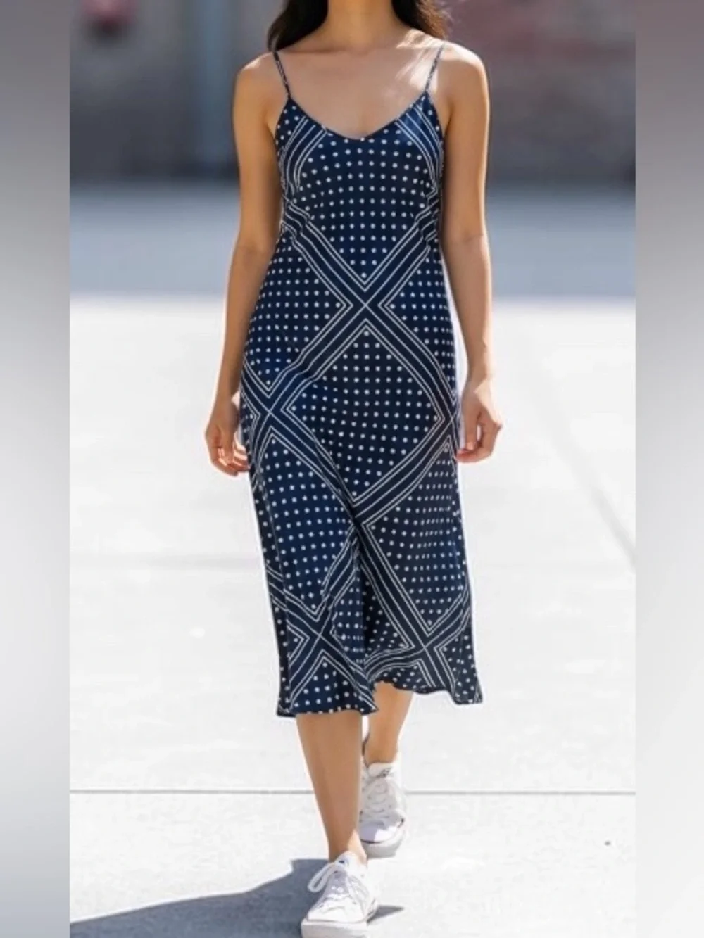 Abercrombie & Fitch Navy and White Polkadot and Stripe Slip Maxi Dress NWT